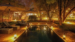 Un área de piscina al aire libre con sillones de descanso y sombrillas, rodeada de árboles e iluminada con luz ambiental.