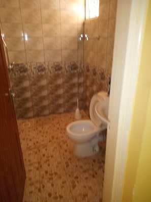 A bathroom with a toilet, a bidet, and a shower area. - Eldoret Kings Square Apartments (Eldoret)