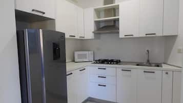 Fridge, microwave, stovetop, coffee/tea maker