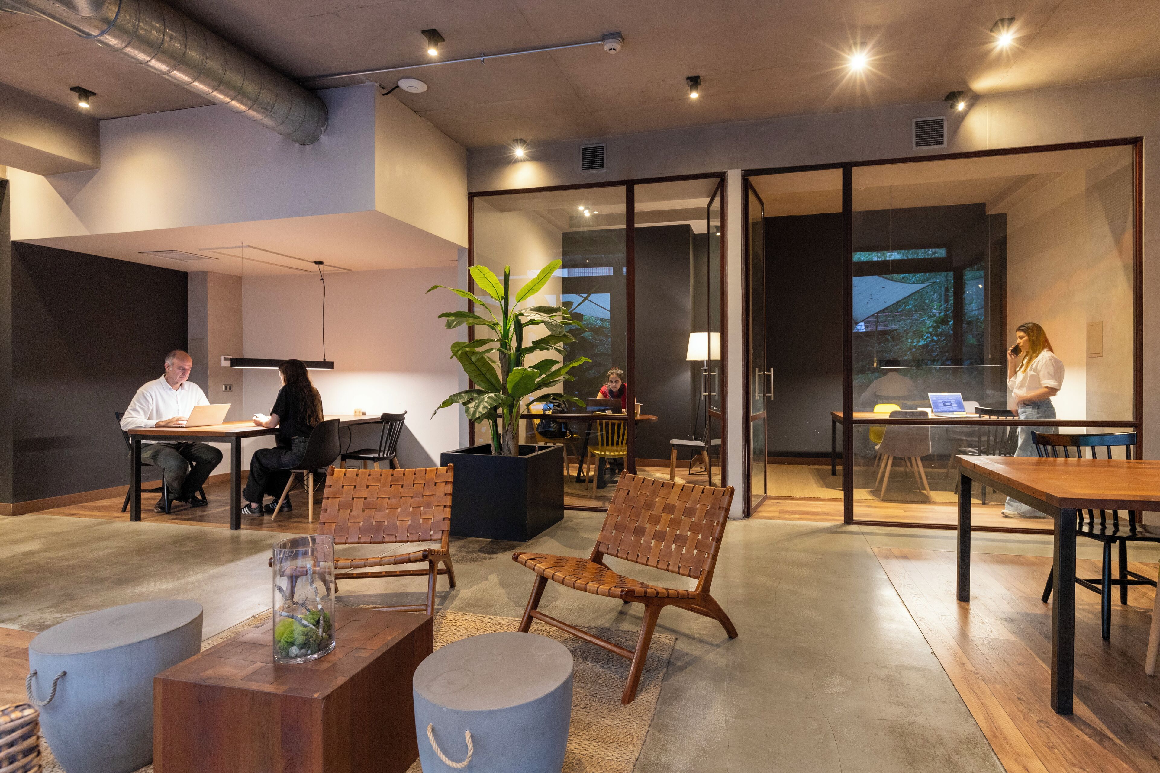 Espacio de oficina con diseño moderno, que presenta una planta grande, mobiliario de madera y un divisor de vidrio que separa el área de trabajo de un comedor.