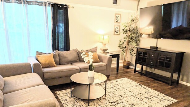 A living room with a sofa, a coffee table, a TV, and a plant. - Cozy  2bdr. Condo in Central Raleigh (Raleigh)