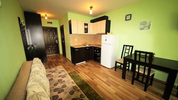 Family Studio, Pool View | Private kitchenette | Fridge, oven, stovetop, electric kettle