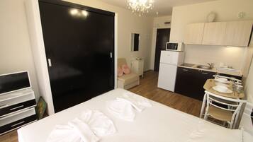 Premium Studio, Balcony, Garden View | Private kitchen | Fridge, stovetop, electric kettle, cookware/dishes/utensils