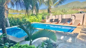A swimming pool with a stone deck, surrounded by lush greenery and palm trees.