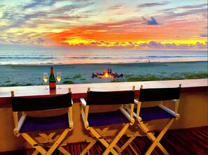 On the beach, sun-loungers, beach towels