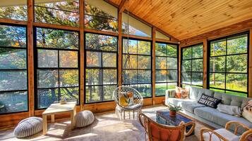 TV, fireplace, books, stereo