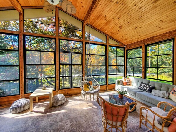 Télévision, cheminée, livres, chaîne hi-fi