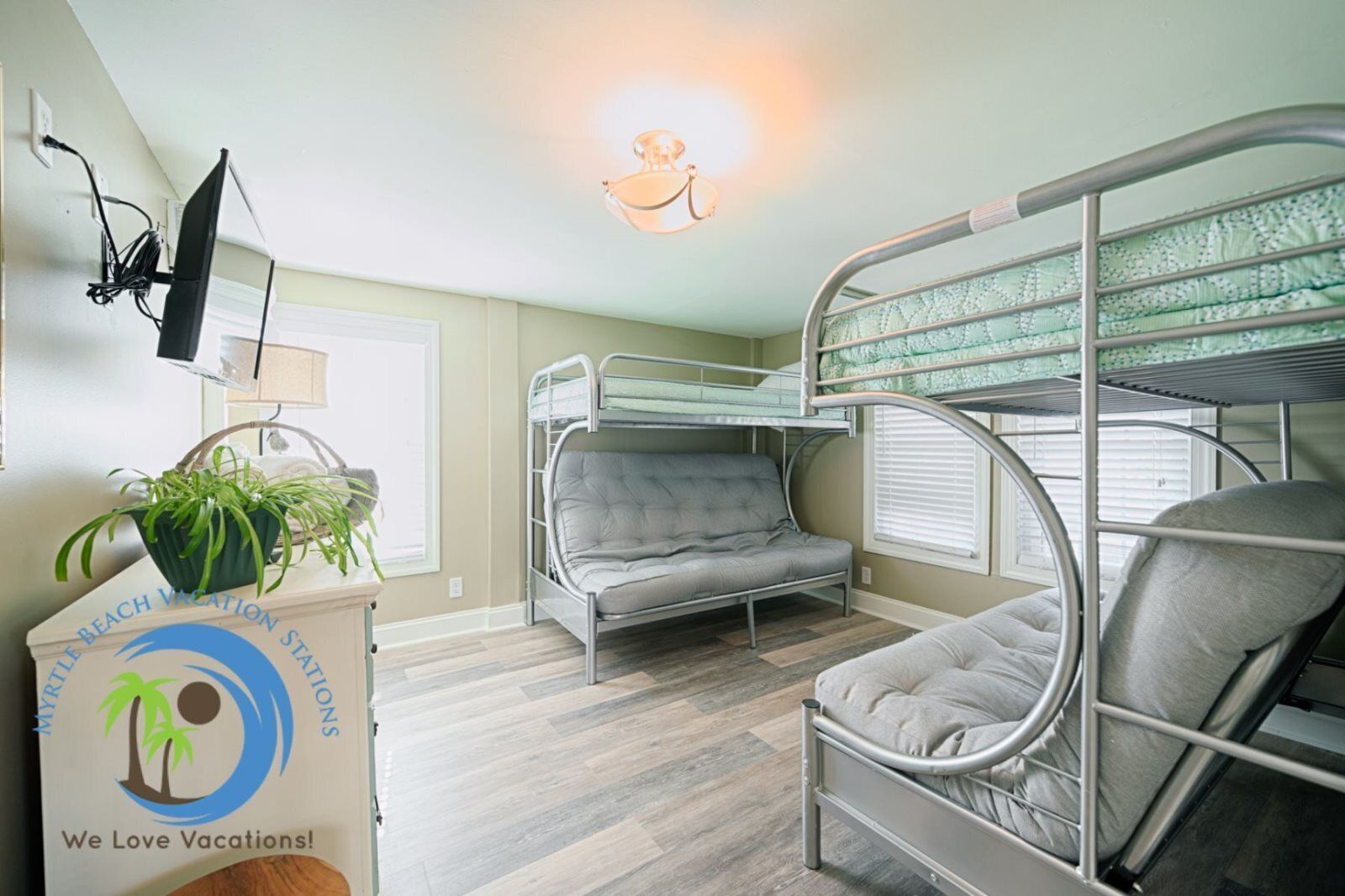 Une chambre avec un lit superposé, un bureau et une plante.