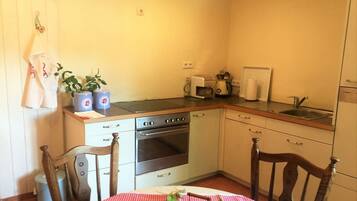 Fridge, stovetop, dishwasher, coffee/tea maker
