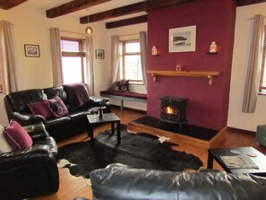 Smart TV, fireplace, DVD player, books