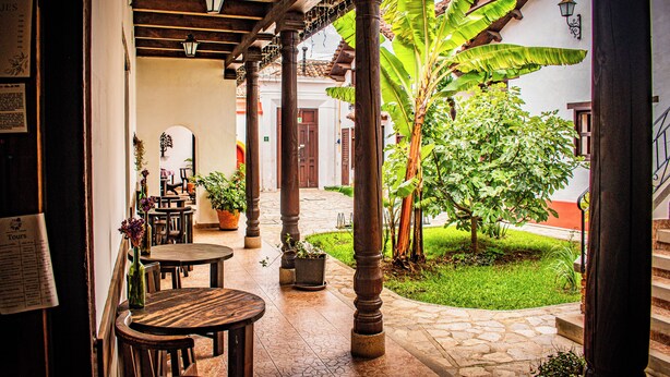 Un patio exterior con mesas y sillas de madera, plantas en macetas y un camino de piedra que lleva a la entrada de un edificio.
