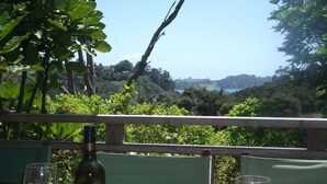A table with a bottle of wine and glasses, overlooking a scenic view of hills and a body of water.