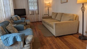 A living room with a beige sofa, a blue sofa, and a television. There is a lamp, a picture frame, and a window with curtains.