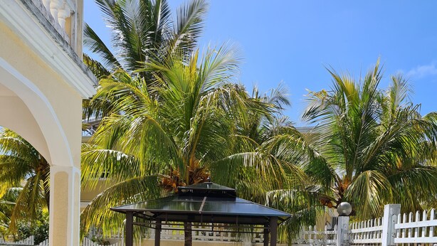 A swimming pool with a pergola, palm trees, and a white fence. - Private villa for families, with private pool and beautifully furnished (Pereybere)