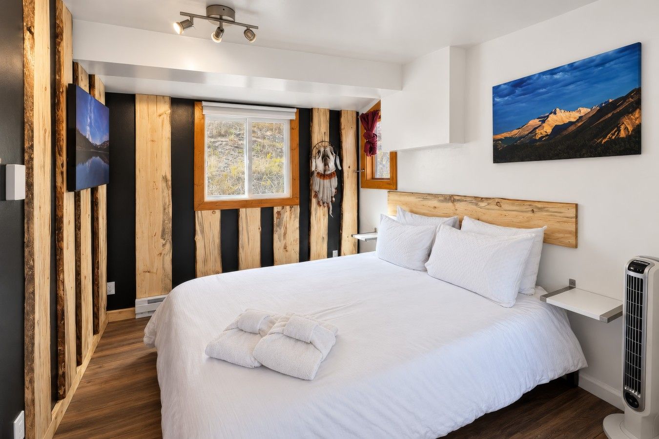 The live-edge slabs in the bedroom