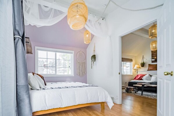 1 bedroom, desk, iron/ironing board, travel crib