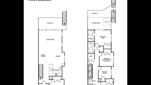 Pianta degli interni di 1134-B S. Shore Drive, che mostra una terrazza prendisole, soggiorno, zona pranzo, cucina e diverse camere da letto.
