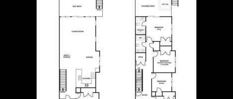 Plantegning for 1134-B S. Shore Drive, med solterrasse, opholdsstue, spiseområde, køkken og flere soveværelser.