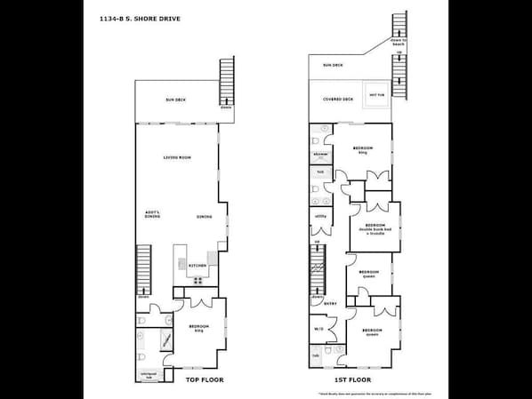 A floor plan of 1134-B S. Shore Drive, including a sun deck, living room, dining area, kitchen, and multiple bedrooms.