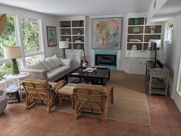 Smart TV, fireplace, books, video library