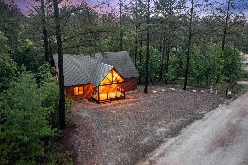 Une cabane dotée d’un toit en pente, entourée d’une forêt dense.