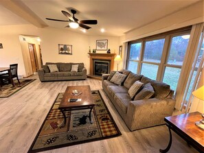 TV, fireplace, table football