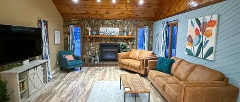 Smart TV, fireplace, video games, books