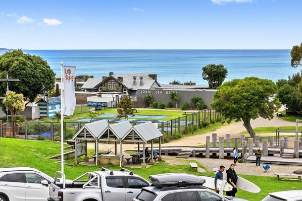 A coastal area with a beach, a pool, and a building labeled 'Lorne Sea Baths'. - Joy Apartment 2 (Lorne)