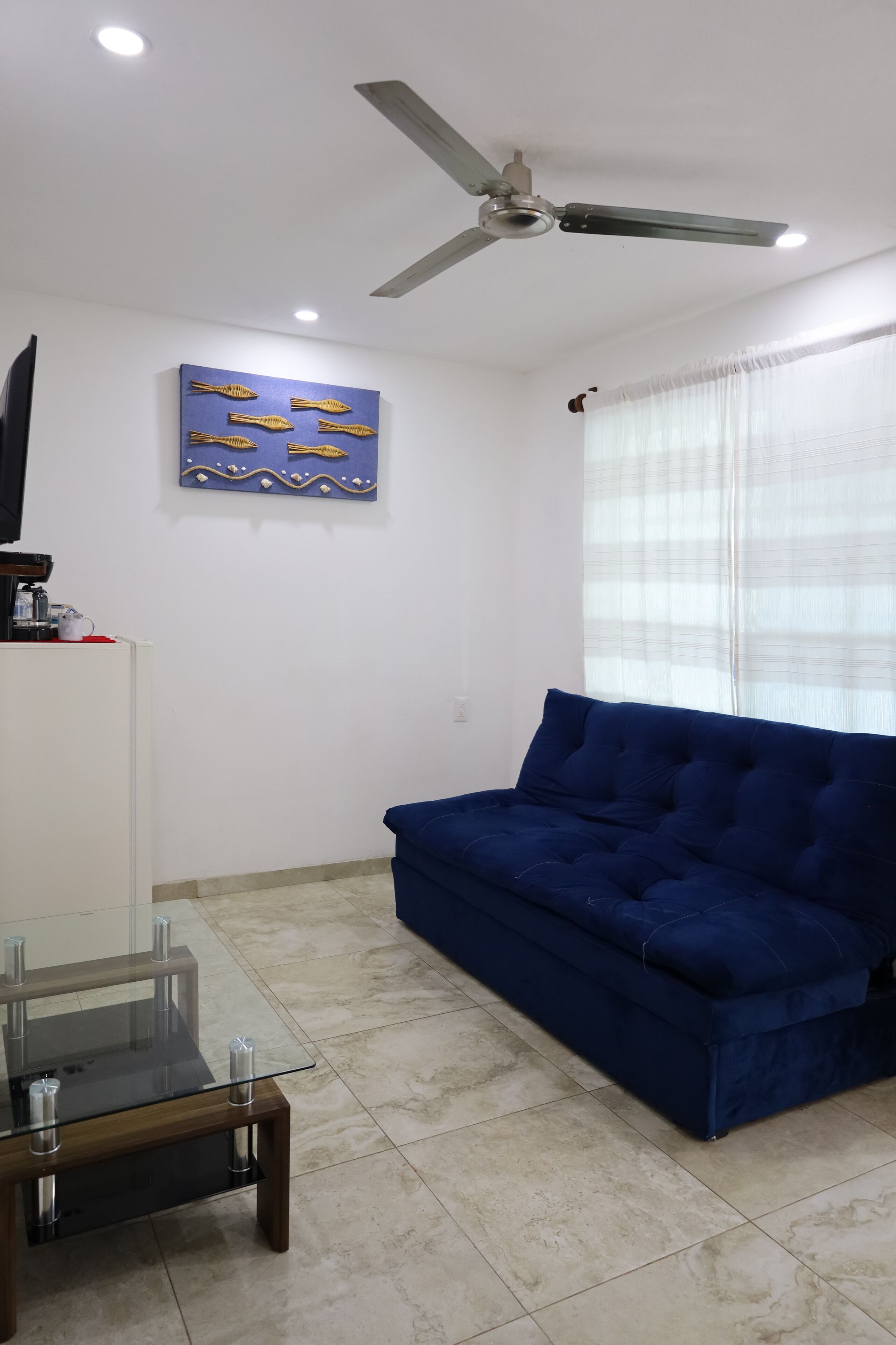 A living room with a blue sofa, a glass coffee table, a ceiling fan, and a wall-mounted TV.