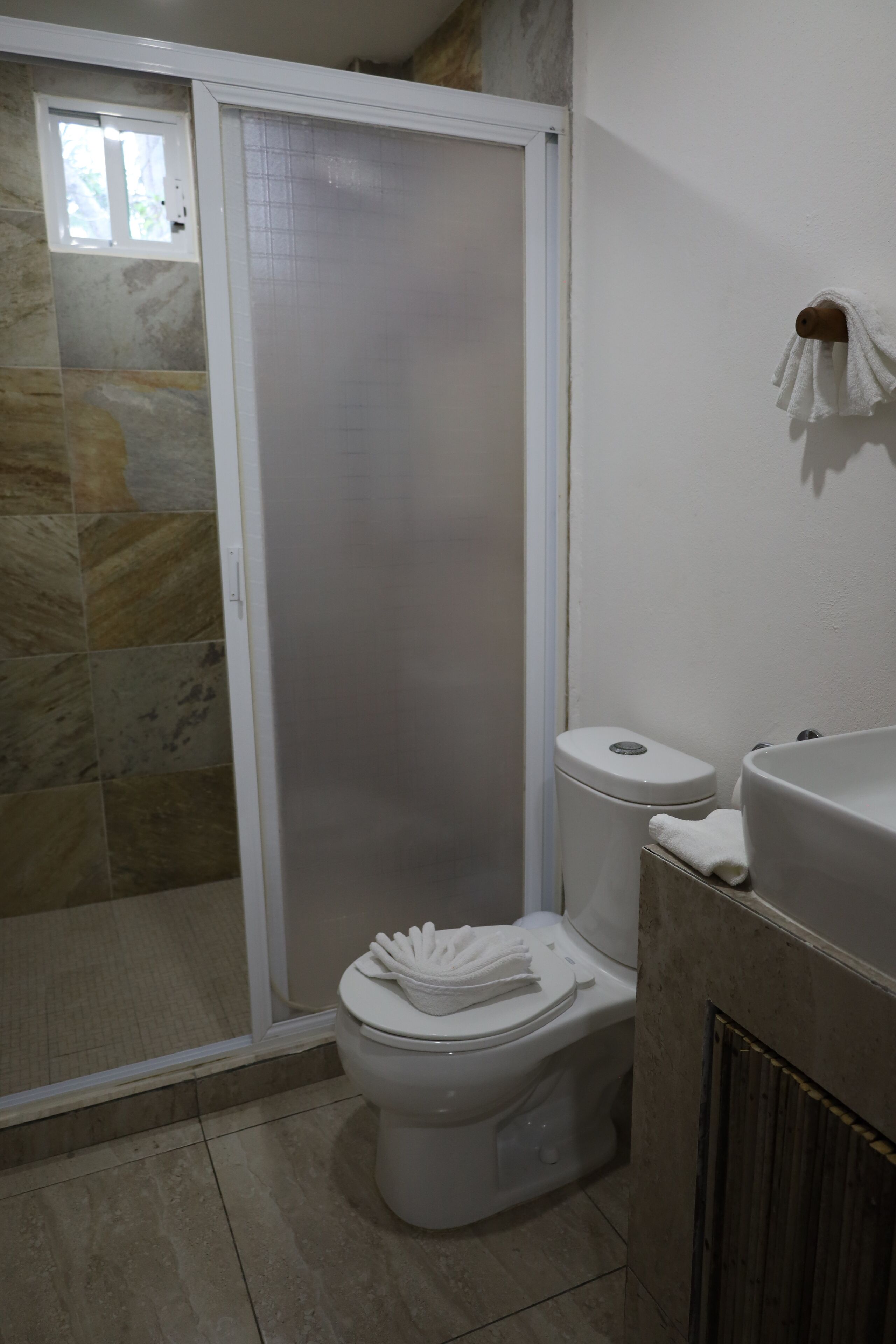 A bathroom with a toilet, a shower enclosure, and a sink.