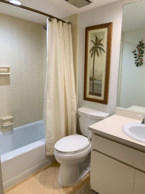 Combined shower/tub, hair dryer, towels, soap