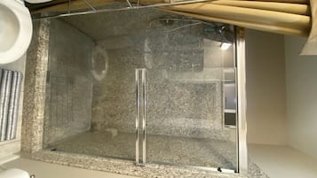 Shower, hair dryer, towels, shampoo