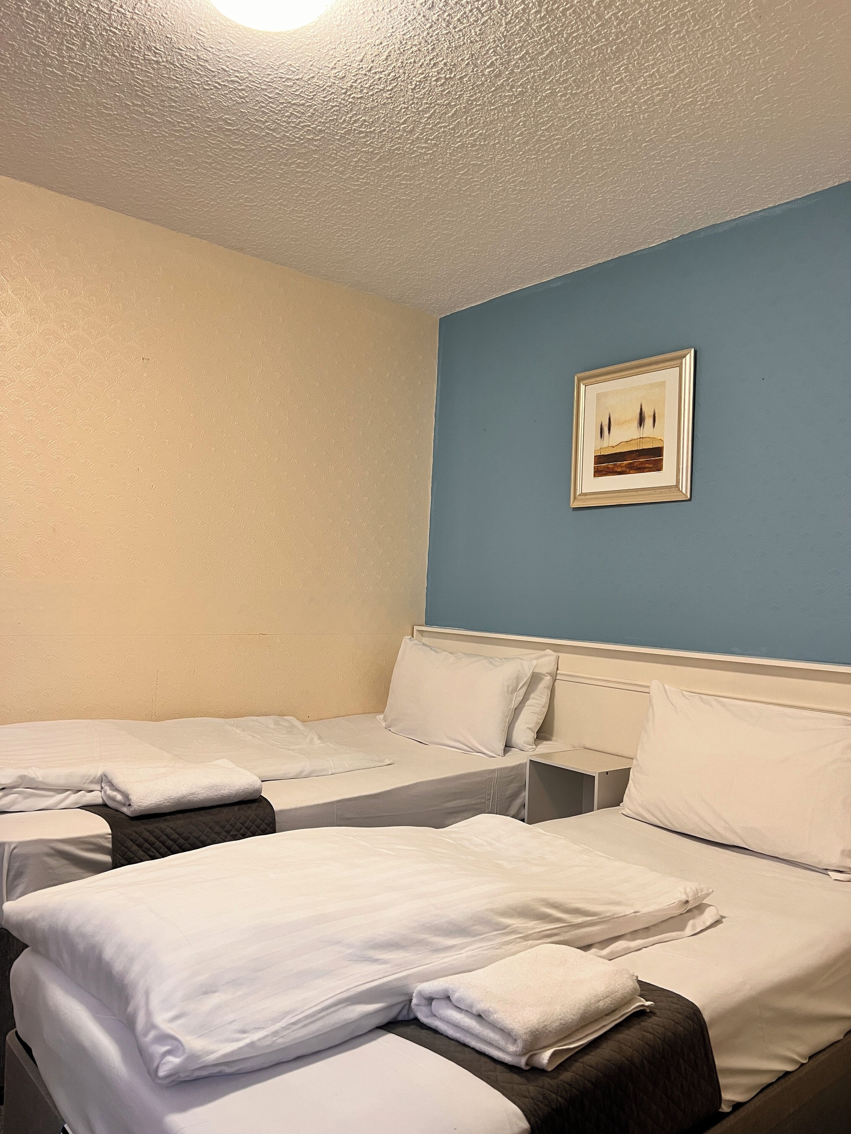 A hotel room with two beds, a blue wall, and a framed picture.