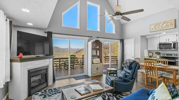 Smart TV, fireplace, books