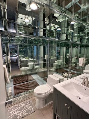 Combined shower/bathtub, hair dryer, towels, soap