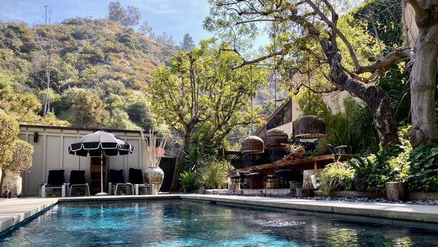 Une piscine aux eaux cristallines, bordée de chaises longues et d’ombrelles, et entourée d’une végétation luxuriante et d’arbres.