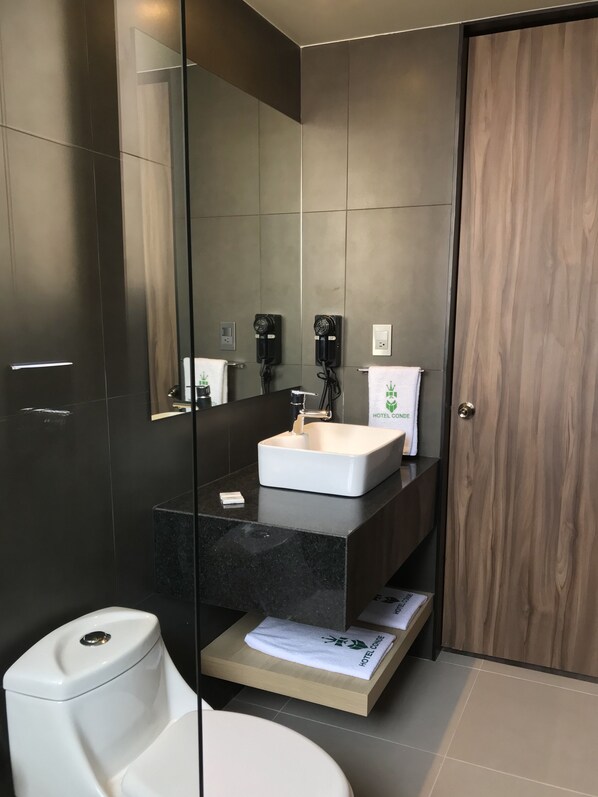 Une salle de bain moderne avec une douche à parois de verre, un lavabo blanc et des toilettes.