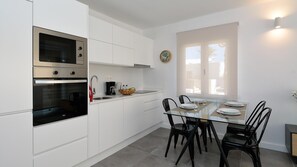 Fridge, microwave, oven, toaster