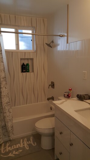 Combined shower/tub, hair dryer, towels, soap
