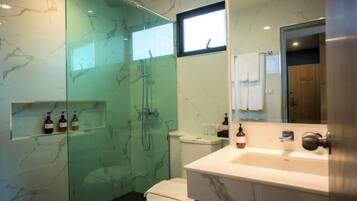A modern bathroom with a glass-enclosed shower, a white toilet, and a marble sink.