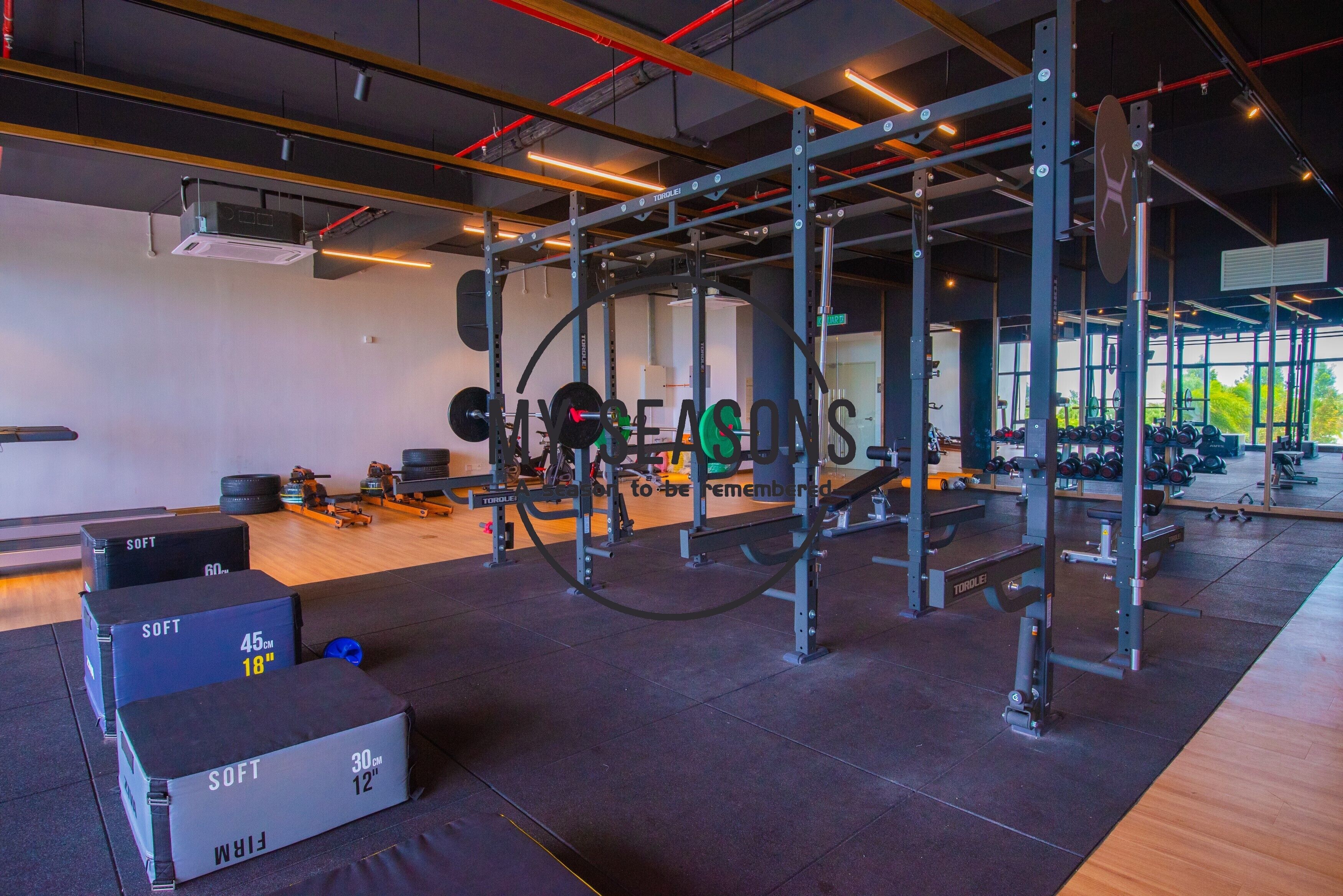 A gym with weightlifting equipment, treadmills, and weight plates.