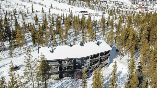 A modern multi-story building with a snow-covered roof, surrounded by a forest.