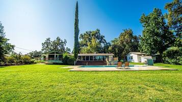 A residential property with a swimming pool, a tall tree, and a house with a porch.
