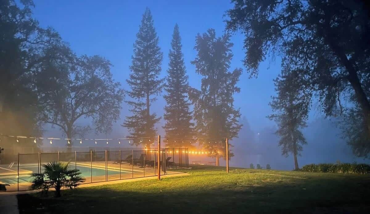 Un espace piscine entouré d’une clôture, agrémenté de guirlandes lumineuses et bordé d’arbres.