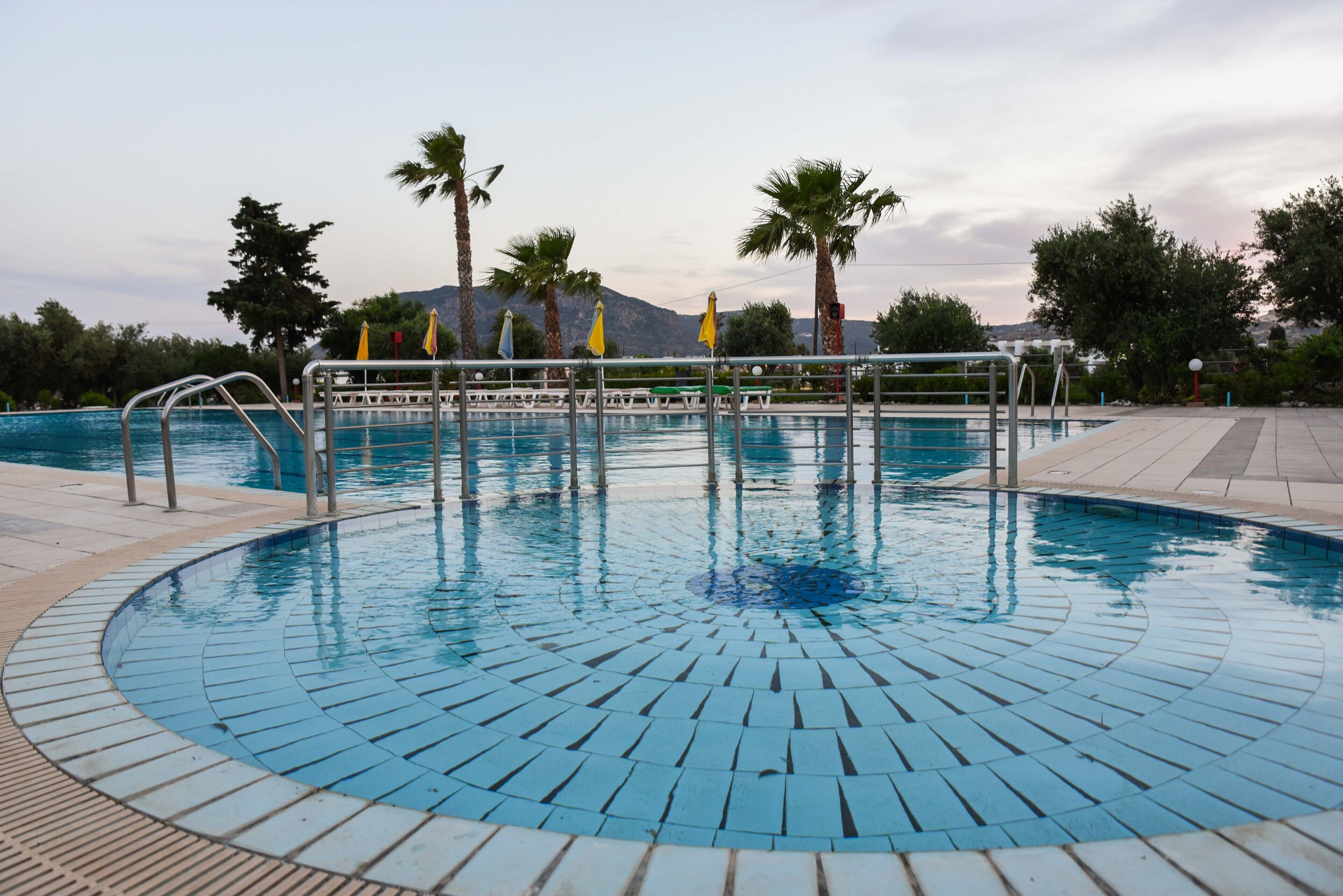 Una piscina con borde de azulejos, rodeada de palmeras y una montaña al fondo.