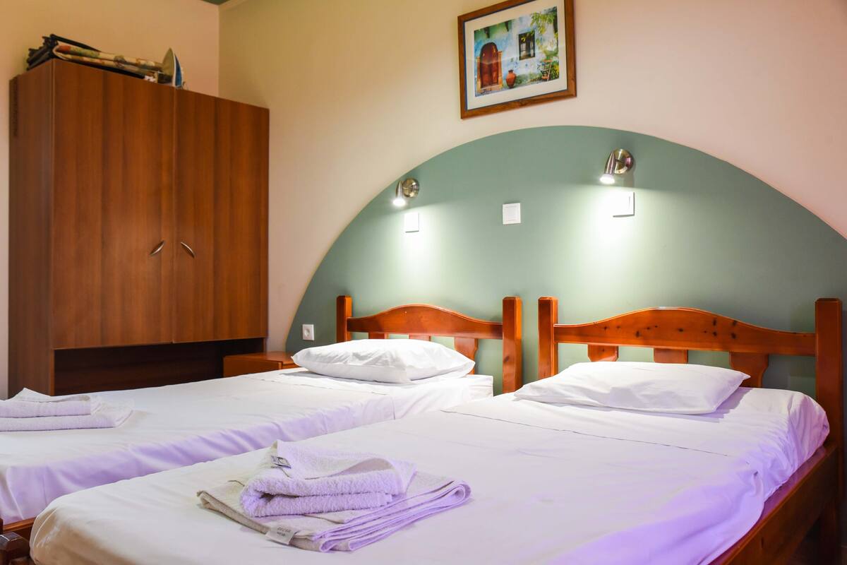 A room with two beds, wooden headboards, and a large wardrobe.