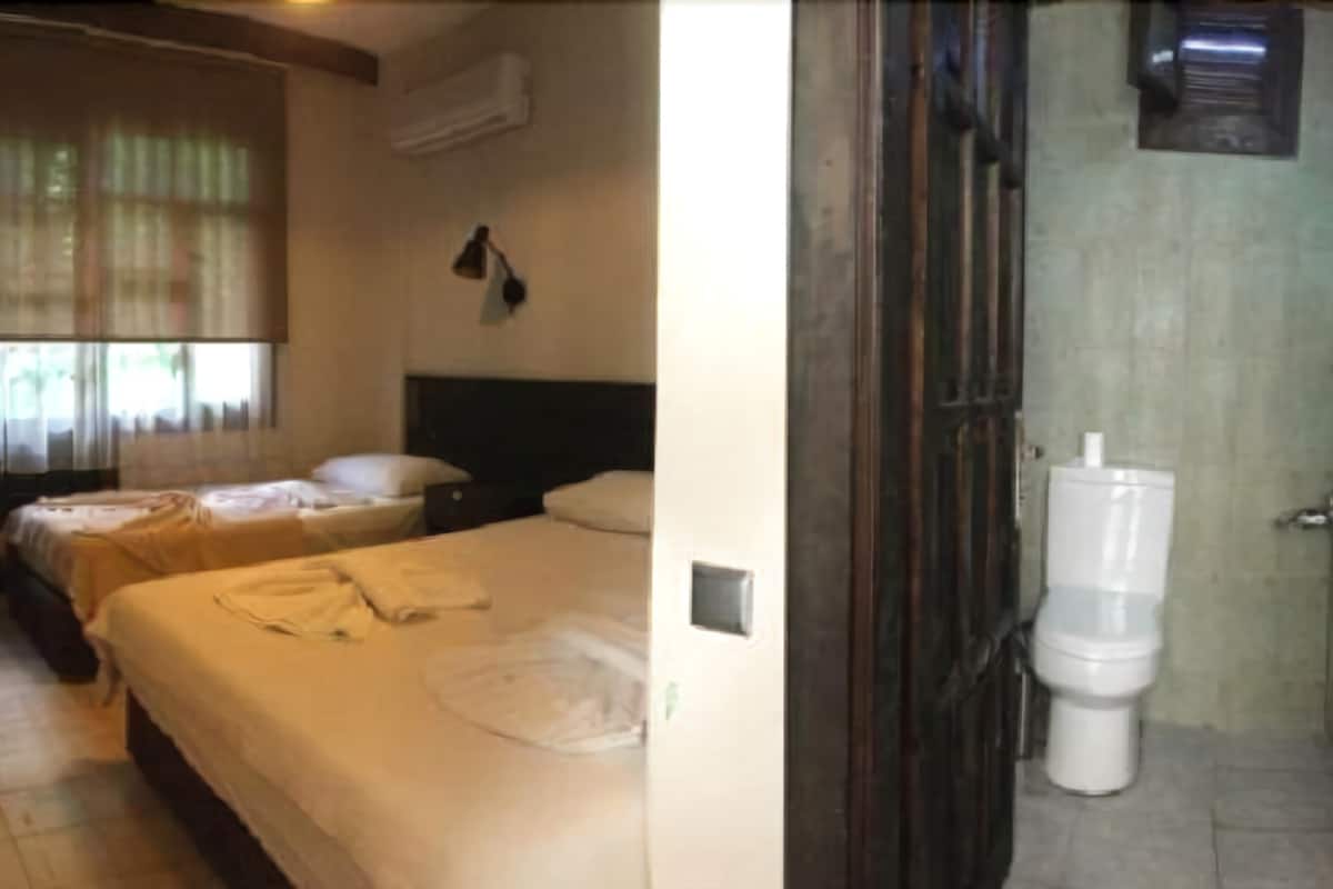Une chambre d’hôtel avec deux lits, une table de chevet, une fenêtre avec des rideaux et une salle de bain équipée de toilettes et d’un lavabo.