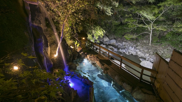 Une vue nocturne d’un jardin paisible, avec une petite cascade, un pont en bois et un sentier de pierres.