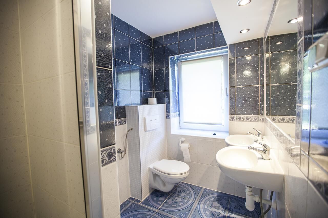 Ein Badezimmer mit Dusche, Toilette und Waschbecken, mit dunkelblauen Fliesen und einem Fenster.