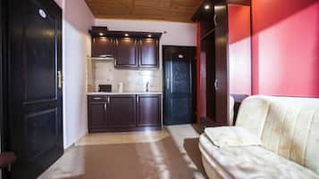 Classic Apartment | Private kitchen | Fridge, stovetop, electric kettle, cookware/dishes/utensils